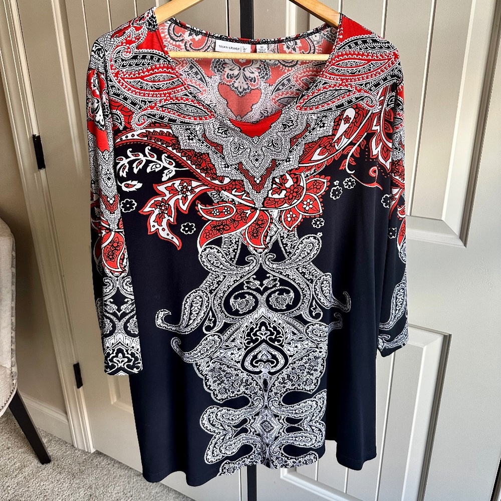 Susan Graver Plus Size Dark Orange/White/Navy Paisley Tunic 3x